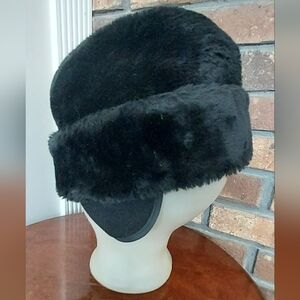 Vintage Faux Fur Cossack Hat XL Black Ear Flap Lined Union Made